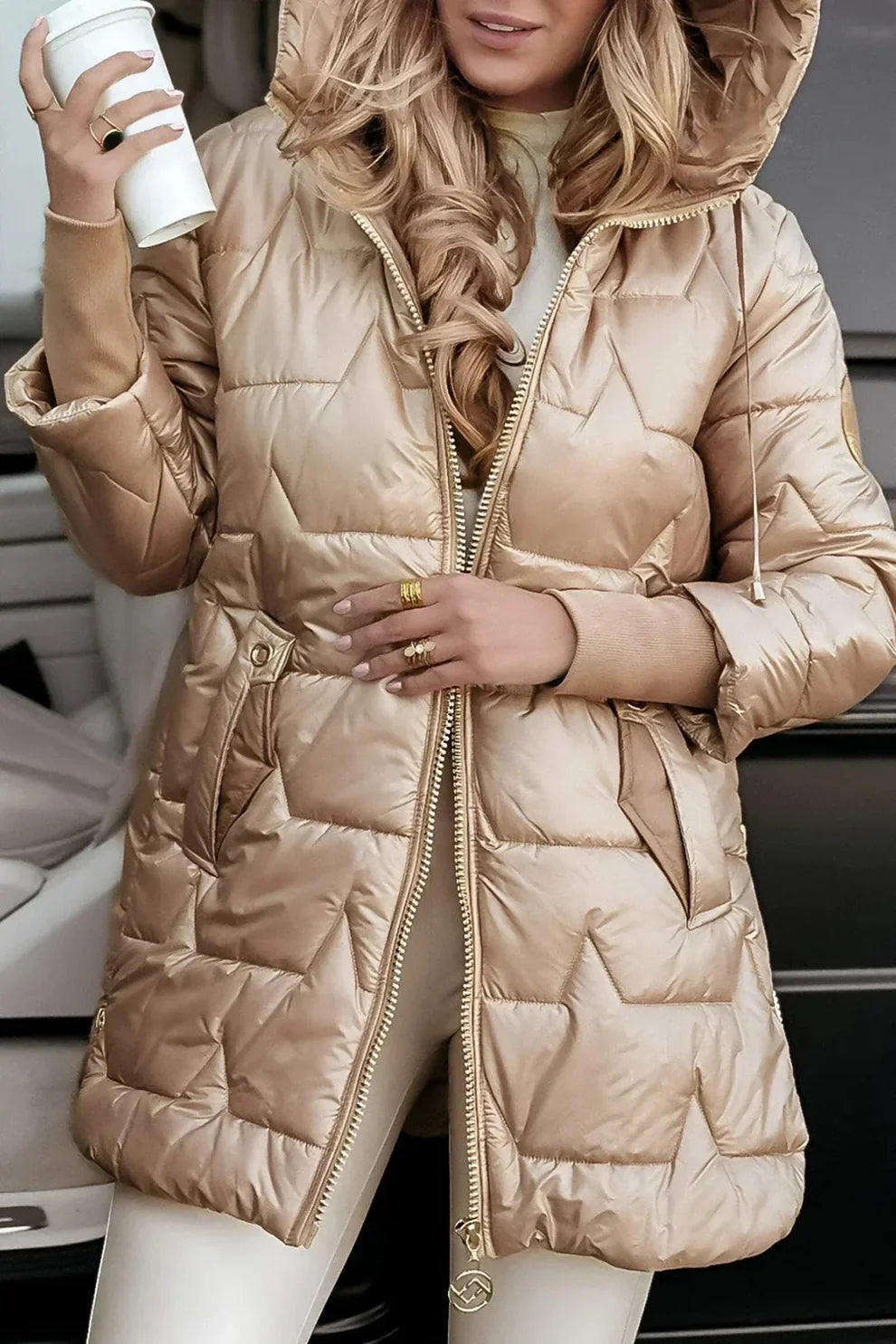 TRIANA – Long Padded Jacket with Hood and Metallic Details